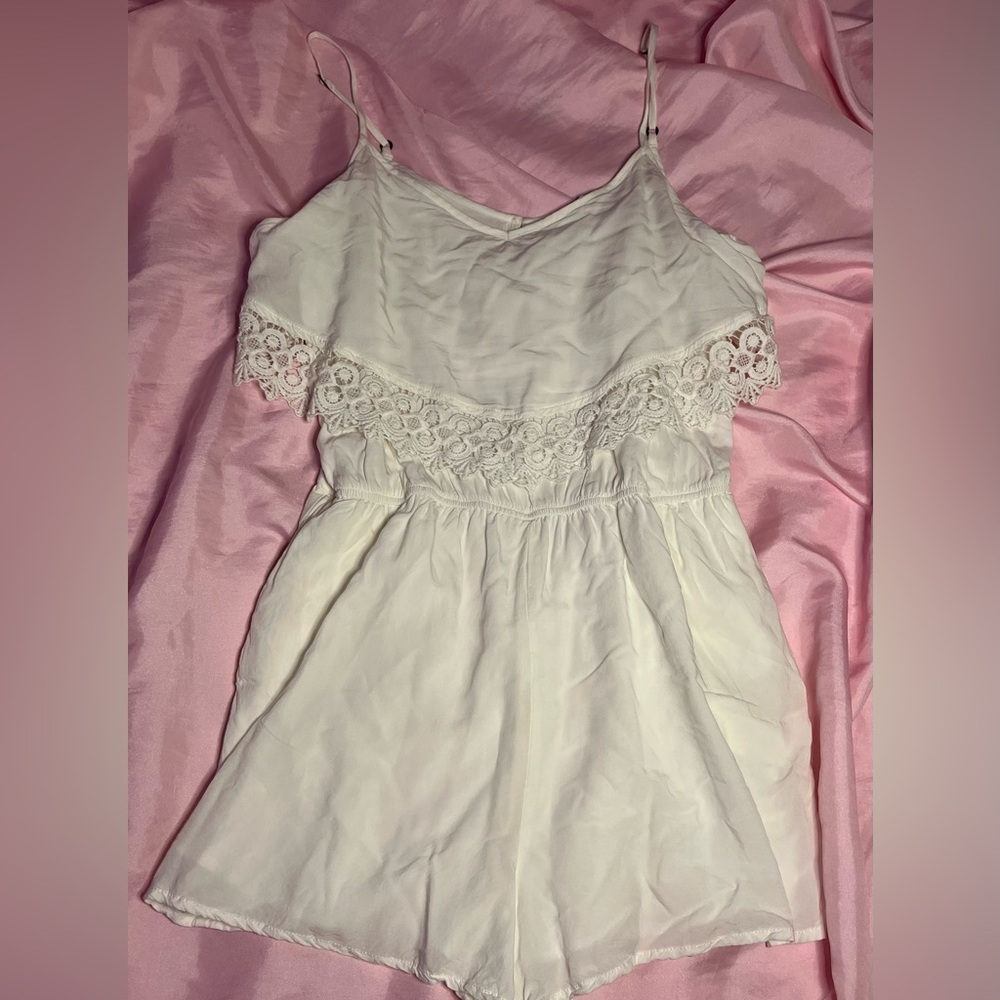 White Lace Trim Romper